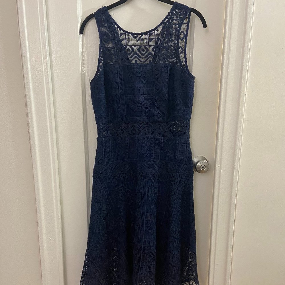 Parker Lace Handkerchief Hem Navy Dress- M